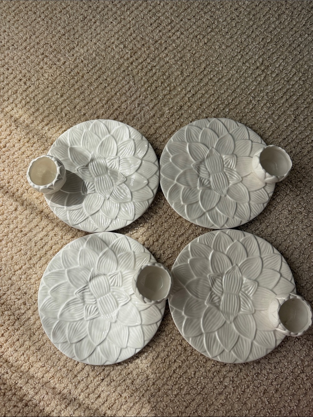 White Artichoke Serving Plate with Attached Dip Bowl Set of 4